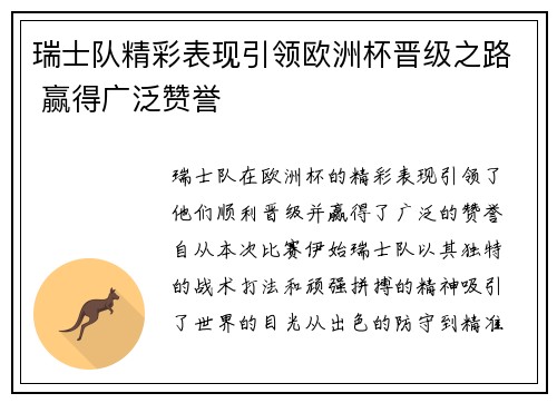 瑞士队精彩表现引领欧洲杯晋级之路 赢得广泛赞誉