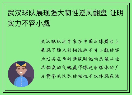 武汉球队展现强大韧性逆风翻盘 证明实力不容小觑
