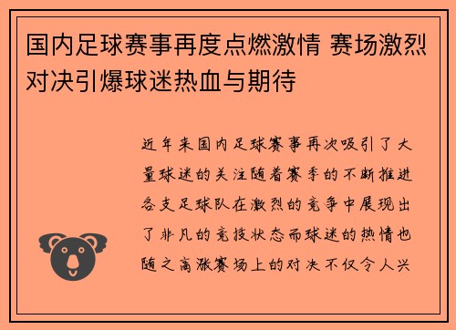 国内足球赛事再度点燃激情 赛场激烈对决引爆球迷热血与期待